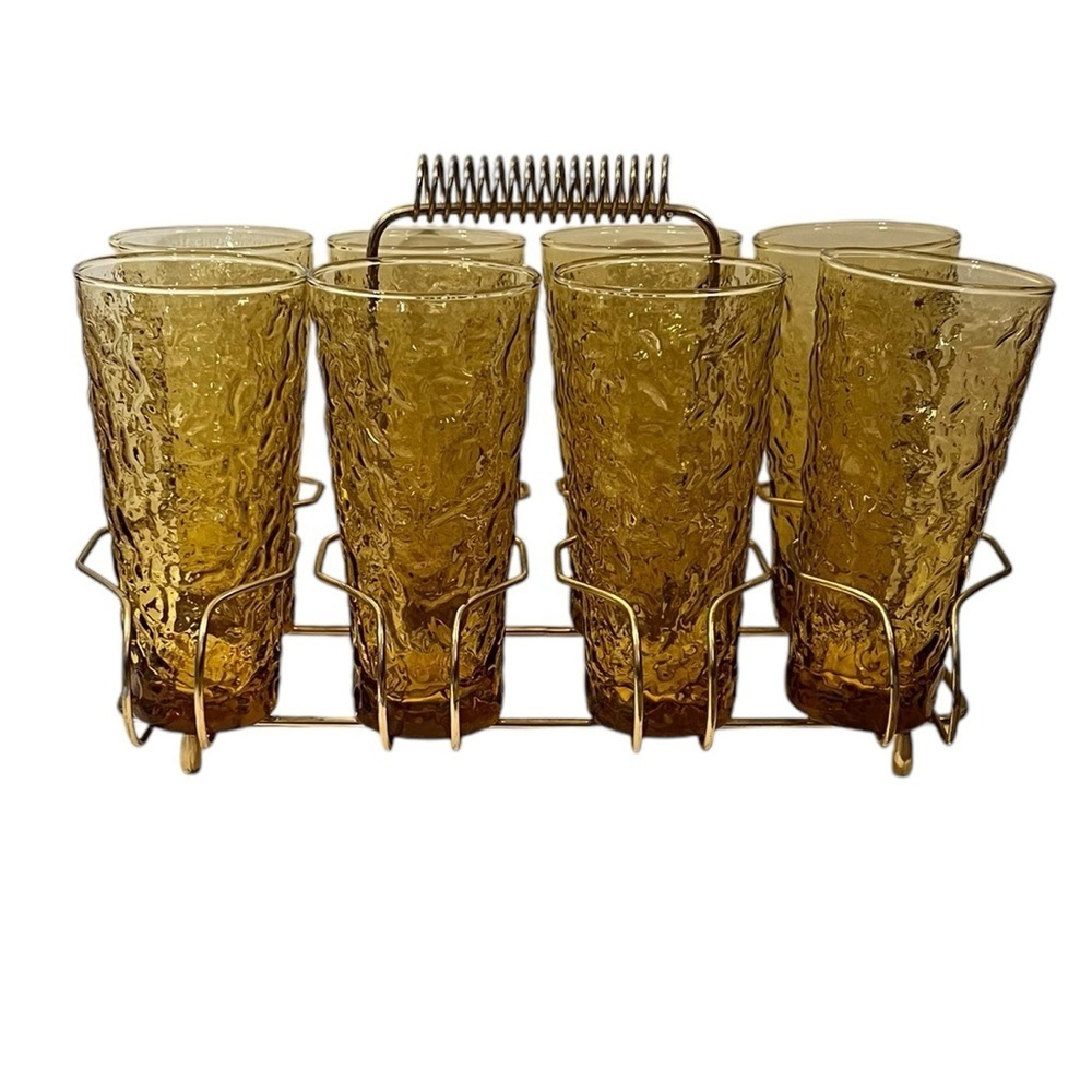Vintage MCM Brass Atomic Style Drinkware Holder Amber Glasses Coil Handle
